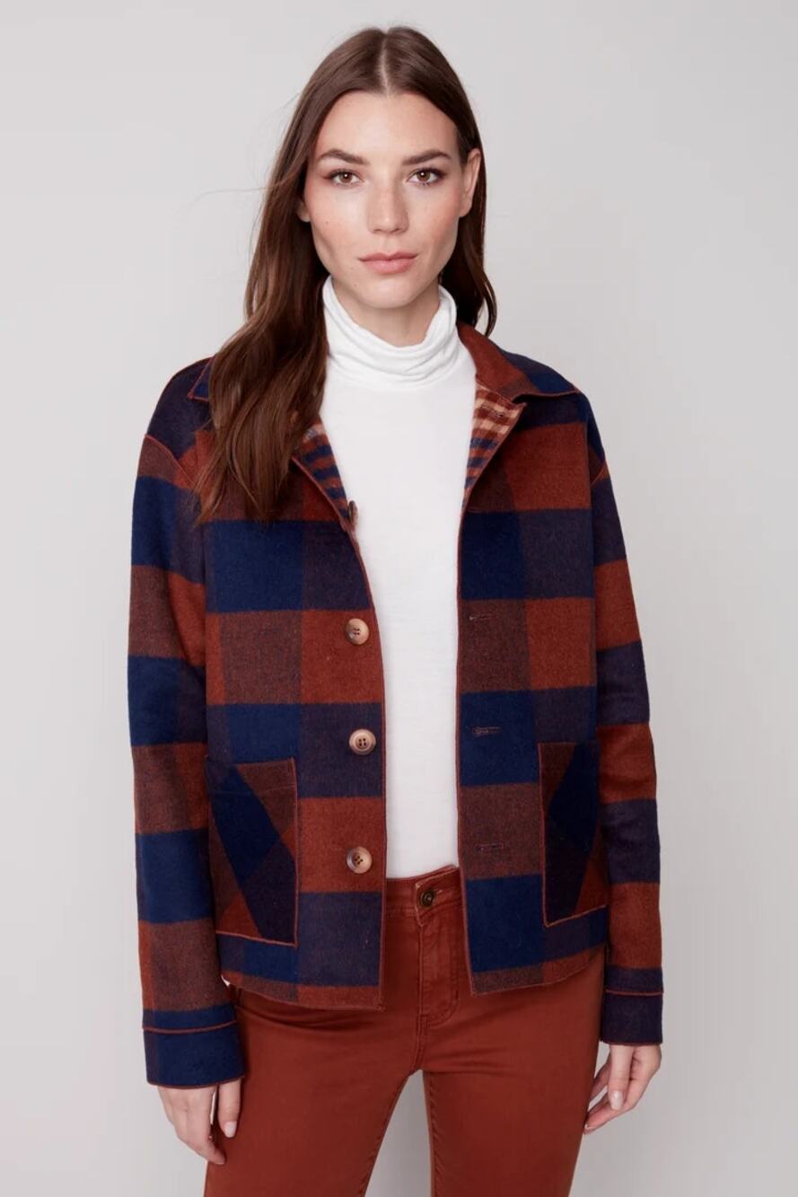 Charlie B Reversible Plaid Long Sleeve Short Jacket Cinnamon Women's Size Small
